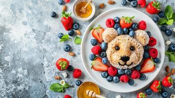 AI generated Adorable tiger pancake breakfast for kids with berries and honey on white plate, copy space photo