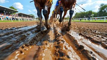 AI generated Dynamic horse racing action  view from below capturing powerful hooves in motion photo