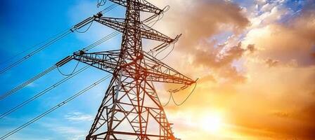AI generated Silhouette of power lines standing out against the colorful gradient of the evening sky at sunset photo