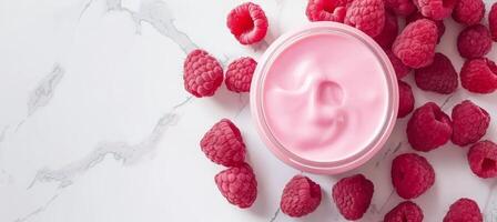 AI generated Top view of fresh raspberries and yogurt on a background for healthy eating and nutrition concepts photo