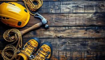 AI generated Climbing gear set with helmet, hammer, carabiner, shoes on wooden background with copy space photo