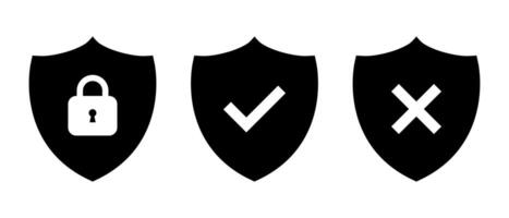 Security shield icon vector. Shields with padlock, checkmark, and cross mark symbol vector