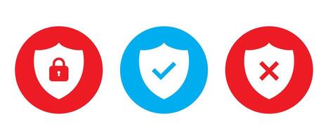 Set of security shield icon vector. Shields with padlock, checkmark, and cross mark concept vector