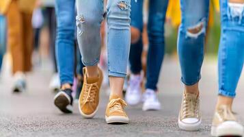 ai generado urbano multitud diverso personas caminando en ciudad calle con atención en pies en varios Zapatos foto