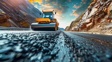 AI generated Yellow road roller compacting fresh asphalt on newly paved road surface for durability photo