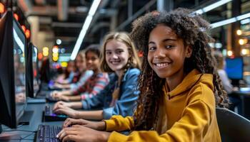 ai generado diverso grupo de niños comprometido en computadora aprendizaje sesión a colegio salón de clases foto