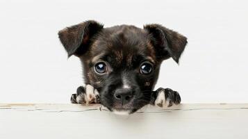 AI generated Curious puppy peeking over white wood, cute pet on blurred backdrop with copy space. photo