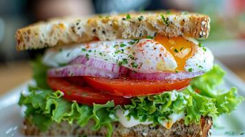 AI generated Gourmet sandwich with poached eggs in professional food photography for enticing visuals photo