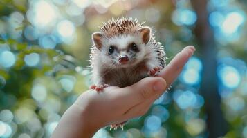 ai generado suavemente acunado erizo en manos en contra suave, borroso fondo, adorable animal escena foto