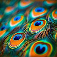 AI generated Close up of vibrant peacock feathers creating a stunning and colorful background photo