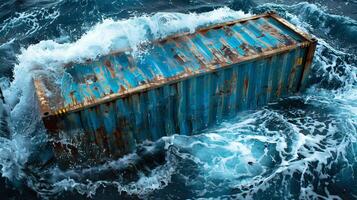 AI generated Aerial view of single lost shipping container floating in vibrant blue ocean waters photo