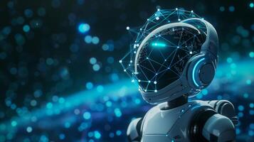 AI generated Futuristic white robot interacting with floating digital network connections in 3d rendering photo