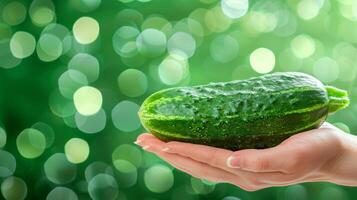 AI generated Freshly picked cucumber held in hand, assorted cucumbers on blurred background with copy space photo