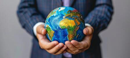 AI generated Global businessman showcasing 3d world globe hologram on technology screen background. photo