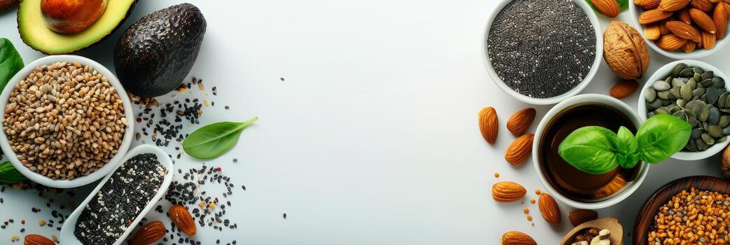 AI generated Assorted healthy fats concept with avocado, nuts, seeds, olive oil on wood, blank space for text. photo