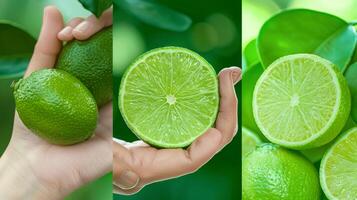 AI generated Hand holding tangy lime with selection on blurred background, copy space for text placement photo