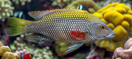 ai generado vistoso pez pescado nadando entre vibrante corales en un agua salada acuario ambiente foto