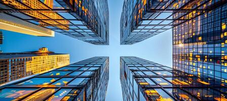 AI generated Skyscrapers reflecting the stunningly clear blue sky in a dynamic business district photo