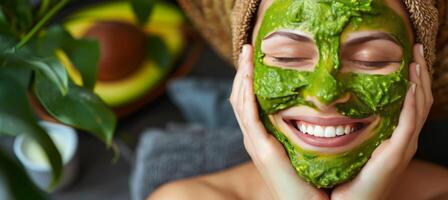 AI generated Woman applying face mask in bathroom mirror for skincare, isolated on white with space for text. photo