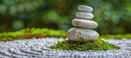 AI generated Tranquil zen garden composition with thuja branches and stones for serene ambiance and balance photo
