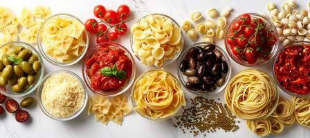 AI generated Assorted spaghetti dishes with various pasta shapes and sauces on white background, great for text. photo
