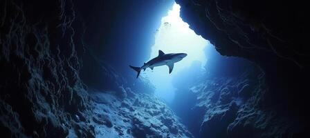 ai generado majestuoso azul tiburón en natural Oceano habitat submarino fauna silvestre en el salvaje, mar vida exploración foto