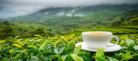 AI generated Aromatic coffee cup against lush green mountain plantation with ample space for text placement photo