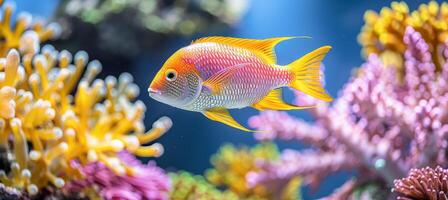 AI generated Dottyback fish swimming through vibrant coral reefs in a mesmerizing saltwater aquarium scene photo