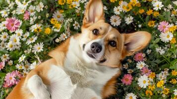 ai generado parte superior ver retrato de linda perro tendido abajo en flores antecedentes foto