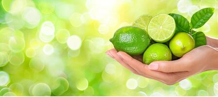 AI generated Close up of hand holding tangy lime with assorted limes in blurred background for text placement photo