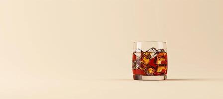 AI generated Whiskey glass with ice cubes on blank background, perfect for text placement and creative designs photo