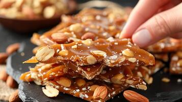 AI generated Close up of hand breaking peanut brittle, showcasing crunchy texture and peanuts for satisfying bite photo