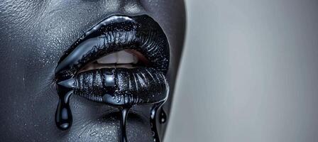 AI generated Black paint drips on model s face and nails with glossy lips and metallic skin makeup photo