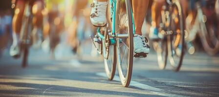 AI generated Cyclist s legs pumping in road race, exuding power and athleticism, with text space. photo
