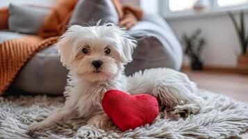 AI generated A cute white puppy on plush rug in cozy living room, bathed in sunlight, adoring red heart toy photo