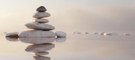 AI generated Zen stones serenely reflect the beauty of the sunset on calm and peaceful waters photo