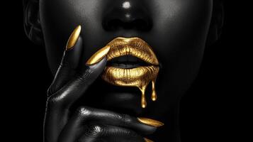 AI generated Model with golden paint drips and lip gloss on radiant metallic skin, accentuating beauty photo