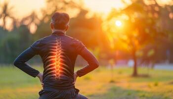 AI generated Man holding back in pain after exercise in park, muscle injury, copy space for text photo