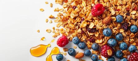 AI generated Nutritious american breakfast  granola, milk, berries, and honey on white background with copy space photo