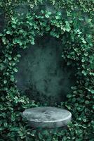 AI generated White round podium standing in vibrant green foliage in a natural outdoor setting photo