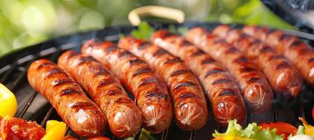 AI generated Delicious bbq dinner with perfectly grilled sausages on a clean, real life style table setting. photo