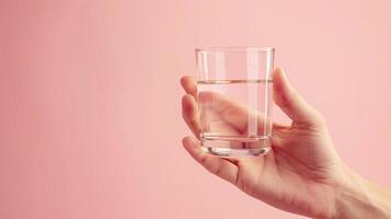 AI generated Hand holding water glass on pastel background with space for text, isolated side view photo