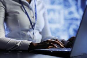 Computer scientist developing artificial intelligence neural networks nodes modeled after human brain. Diligent employee setting up AI machine learning accurately making predictions using data photo