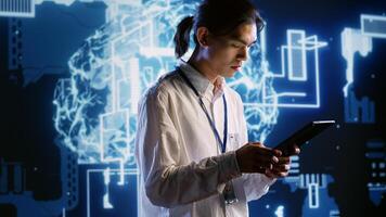 System administrator developing artificial intelligence neural networks architecture inspired by human brain. Cloud computing company executive setting up AI machine learning algorithms photo