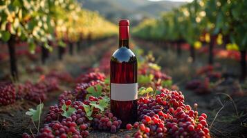 AI Generated A red wine bottle in front of a landscape of grape farmland. photo