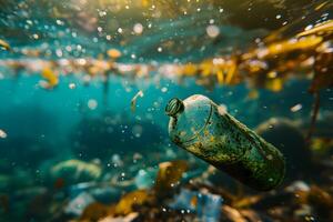 ai generado el plastico contaminación en el océano, basura flotante debajo agua iluminado con luz de sol. foto