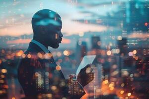 AI Generated Double exposure of business and a city - African American businessman using a digital tablet superimposed on a city skyline photo