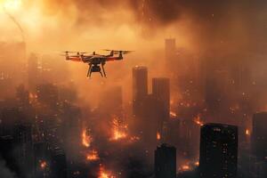 AI Generated Copter drone over burning city photo
