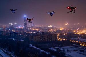 ai generado grupo de drones terminado ciudad a Nevado invierno noche foto