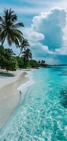 ai generado tropical playa ver a nublado Tormentoso día con blanco arena, turquesa agua y palma árboles, neural red generado imagen foto